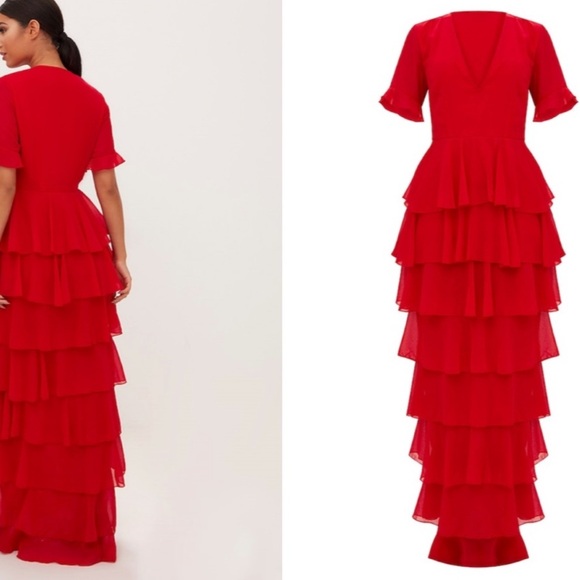 SOLD - NWT Red Chiffon Ruffle Layer Maxi Dress - Picture 3 of 5